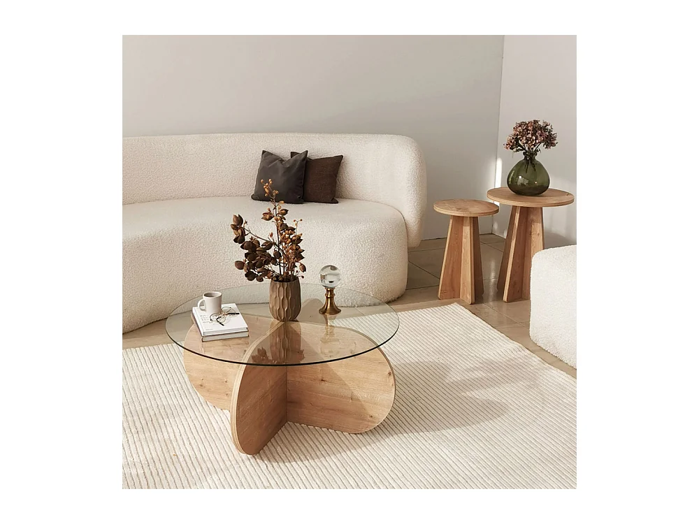 Bully - Table basse ronde en verre trempé et bois ø75cm - Bois clair