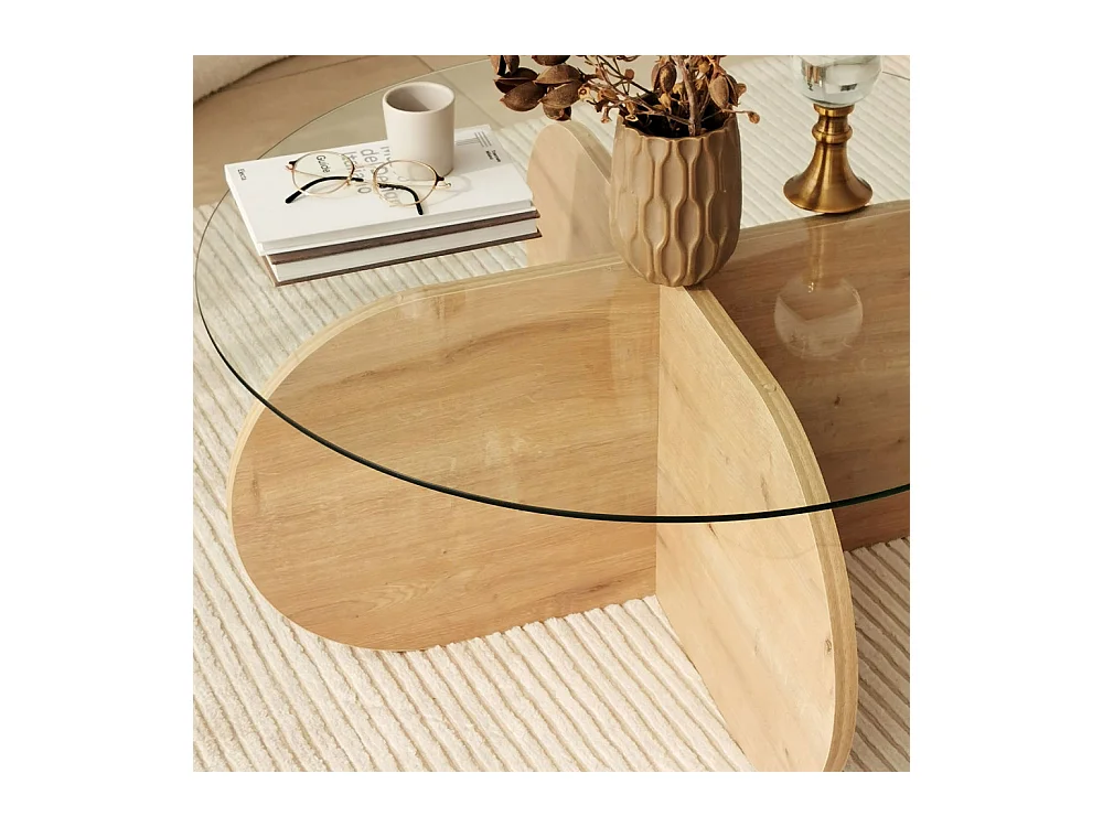 Bully - Table basse ronde en verre trempé et bois ø75cm - Bois clair