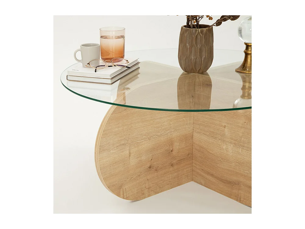 Bully - Table basse ronde en verre trempé et bois ø75cm - Bois clair