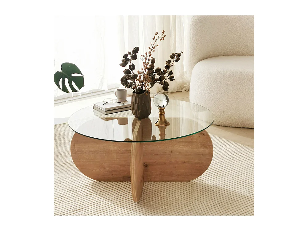 Bully - Table basse ronde en verre trempé et bois ø75cm - Bois clair