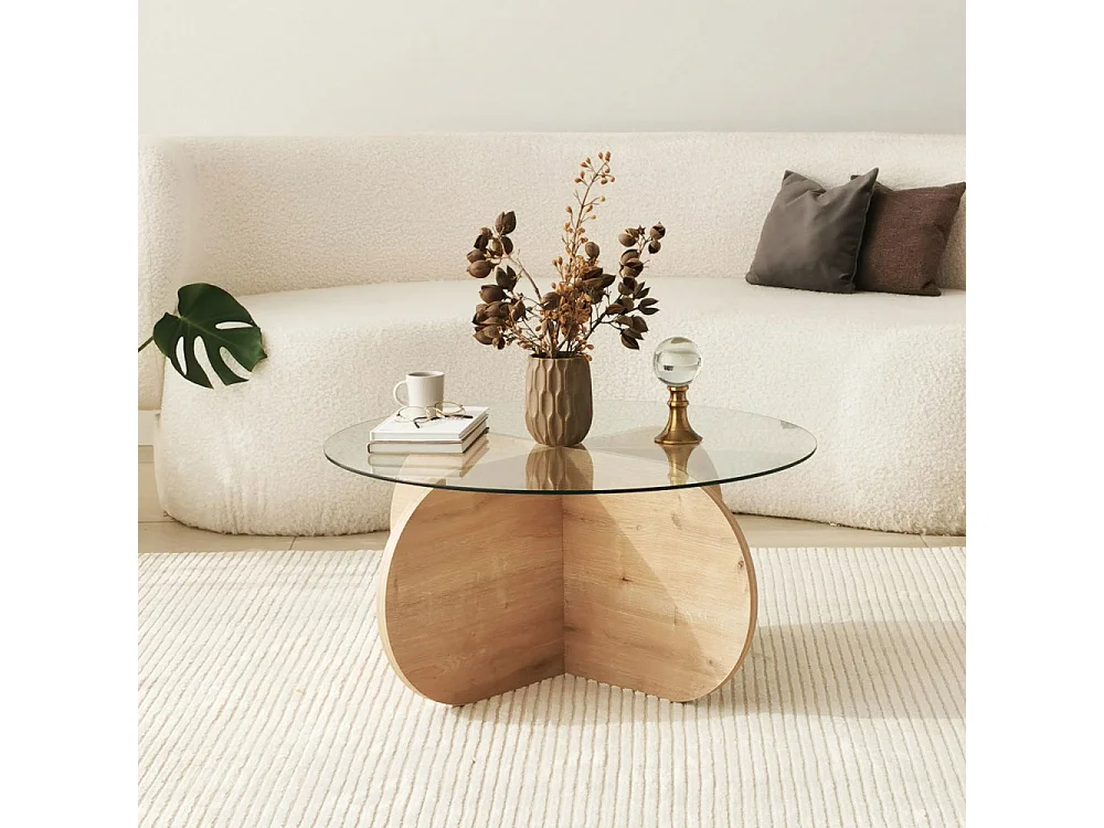 Bully - Table basse ronde en verre trempé et bois ø75cm - Bois clair