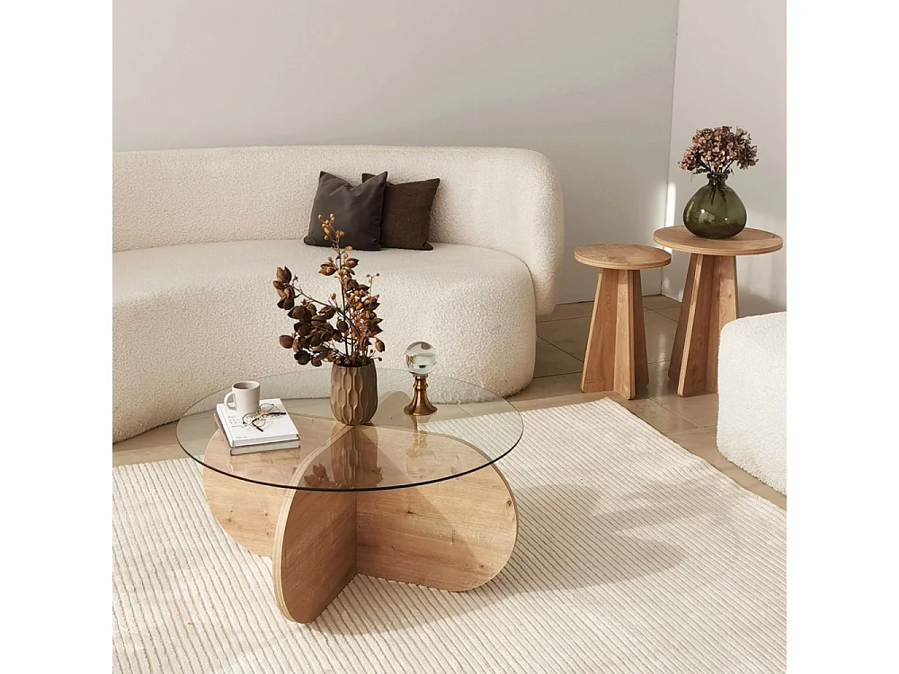 Bully - Table basse ronde en verre trempé et bois ø75cm - Bois clair