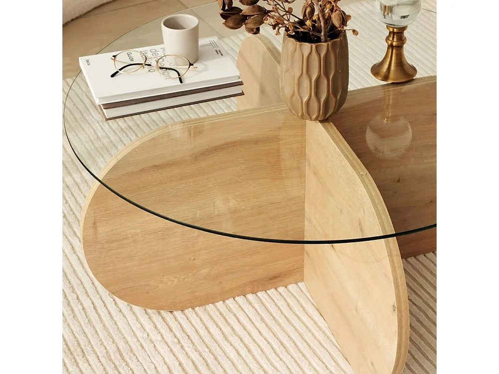 Bully - Table basse ronde en verre trempé et bois ø75cm - Bois clair