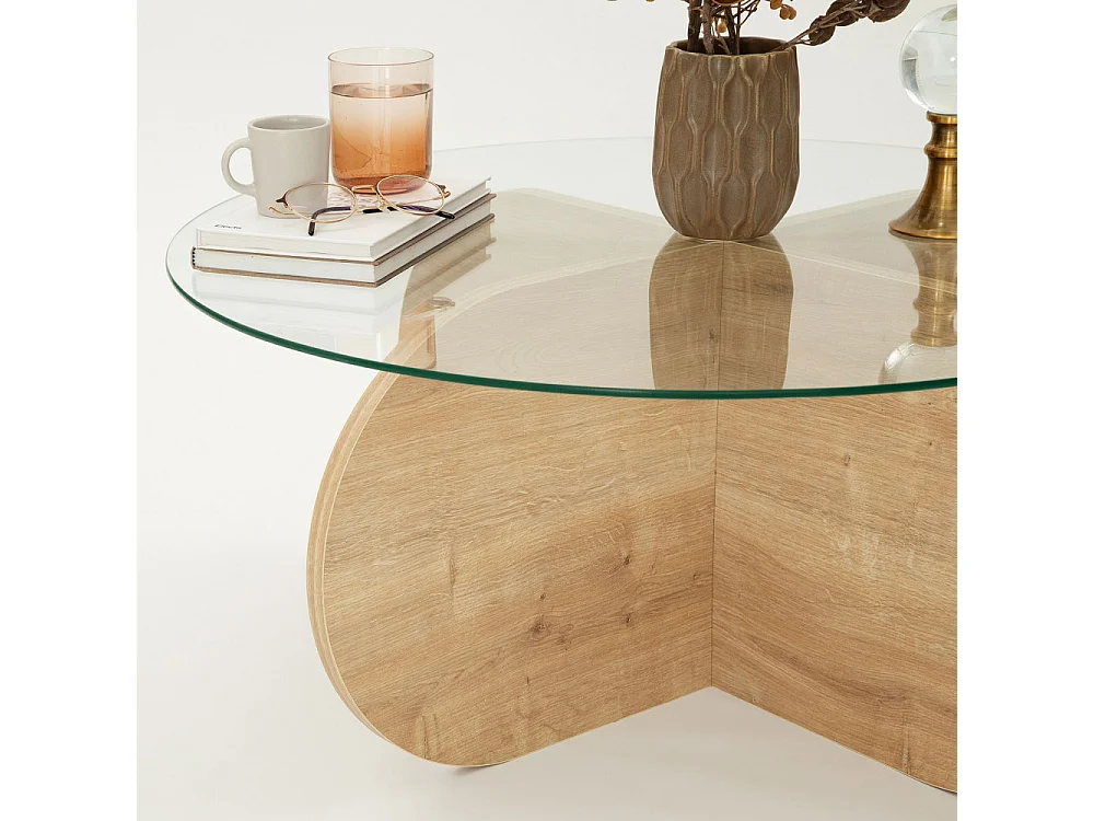 Bully - Table basse ronde en verre trempé et bois ø75cm - Bois clair