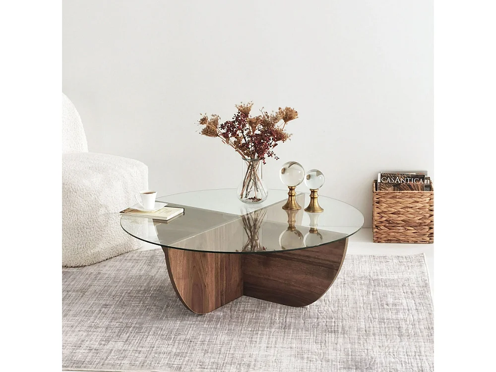 Lila - Table basse ronde en verre trempé et bois ø90cm - Bois foncé