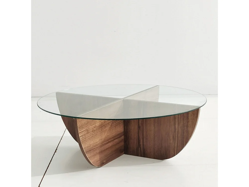 Lila - Table basse ronde en verre trempé et bois ø90cm - Bois foncé