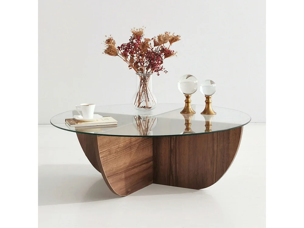 Lila - Table basse ronde en verre trempé et bois ø90cm - Bois foncé