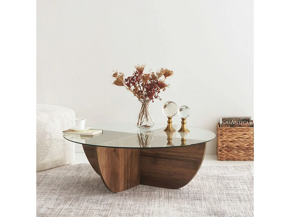 Lila - Table basse ronde en verre trempé et bois ø90cm - Bois foncé