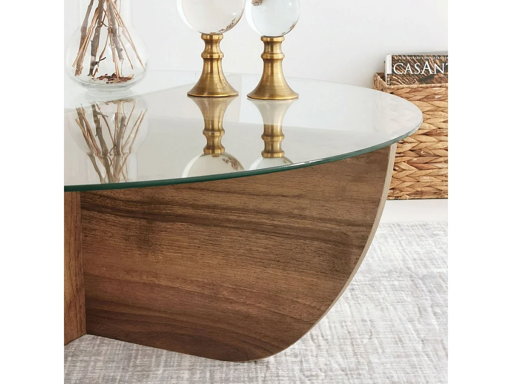 Lila - Table basse ronde en verre trempé et bois ø90cm - Bois foncé