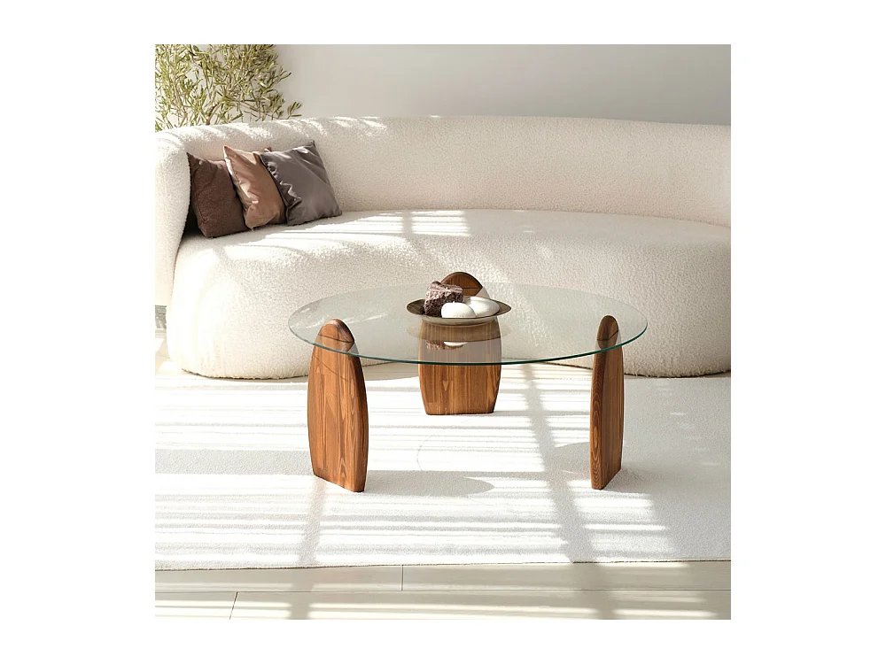 Wo - Table basse ronde en verre trempé et bois ø90cm - Transparent