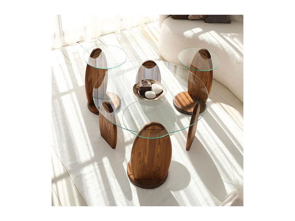 Wo - Table basse ronde en verre trempé et bois ø90cm - Transparent