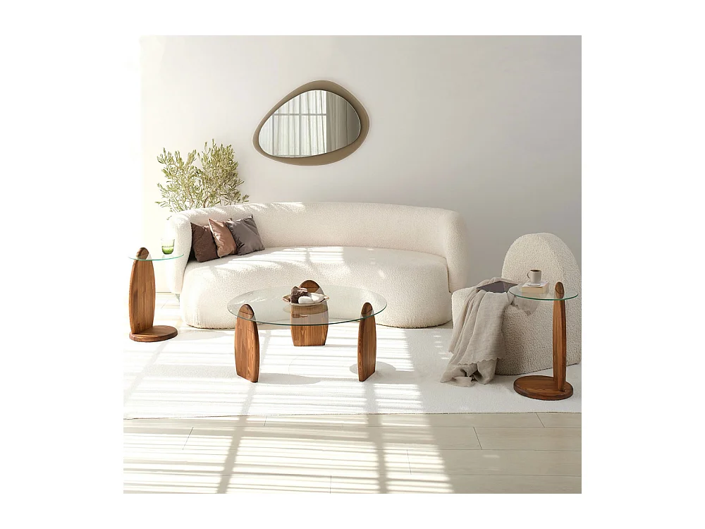 Wo - Table basse ronde en verre trempé et bois ø90cm - Transparent