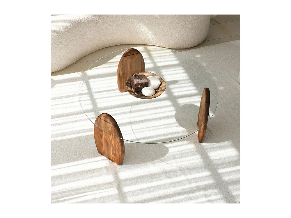 Wo - Table basse ronde en verre trempé et bois ø90cm - Transparent