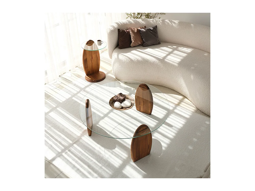 Wo - Table basse ronde en verre trempé et bois ø90cm - Transparent