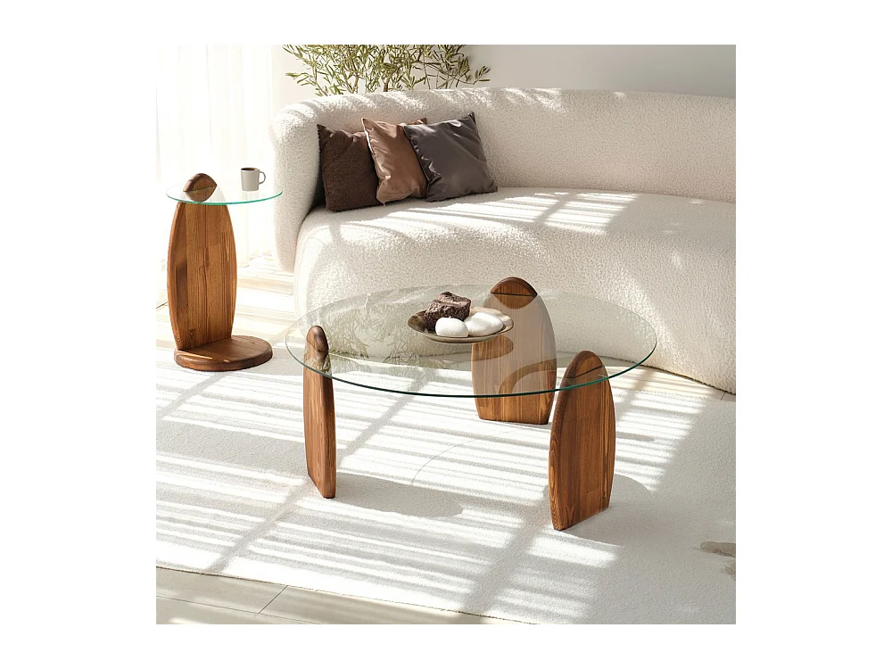 Wo - Table basse ronde en verre trempé et bois ø90cm - Transparent