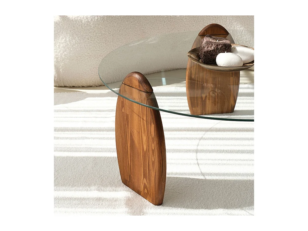 Wo - Table basse ronde en verre trempé et bois ø90cm - Transparent