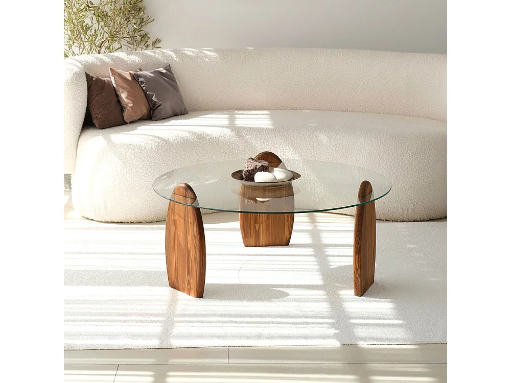 Wo - Table basse ronde en verre trempé et bois ø90cm - Transparent