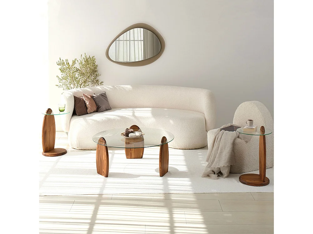 Wo - Table basse ronde en verre trempé et bois ø90cm - Transparent