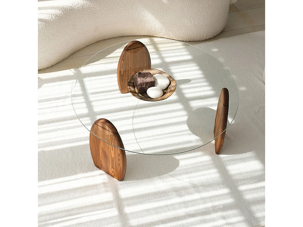 Wo - Table basse ronde en verre trempé et bois ø90cm - Transparent