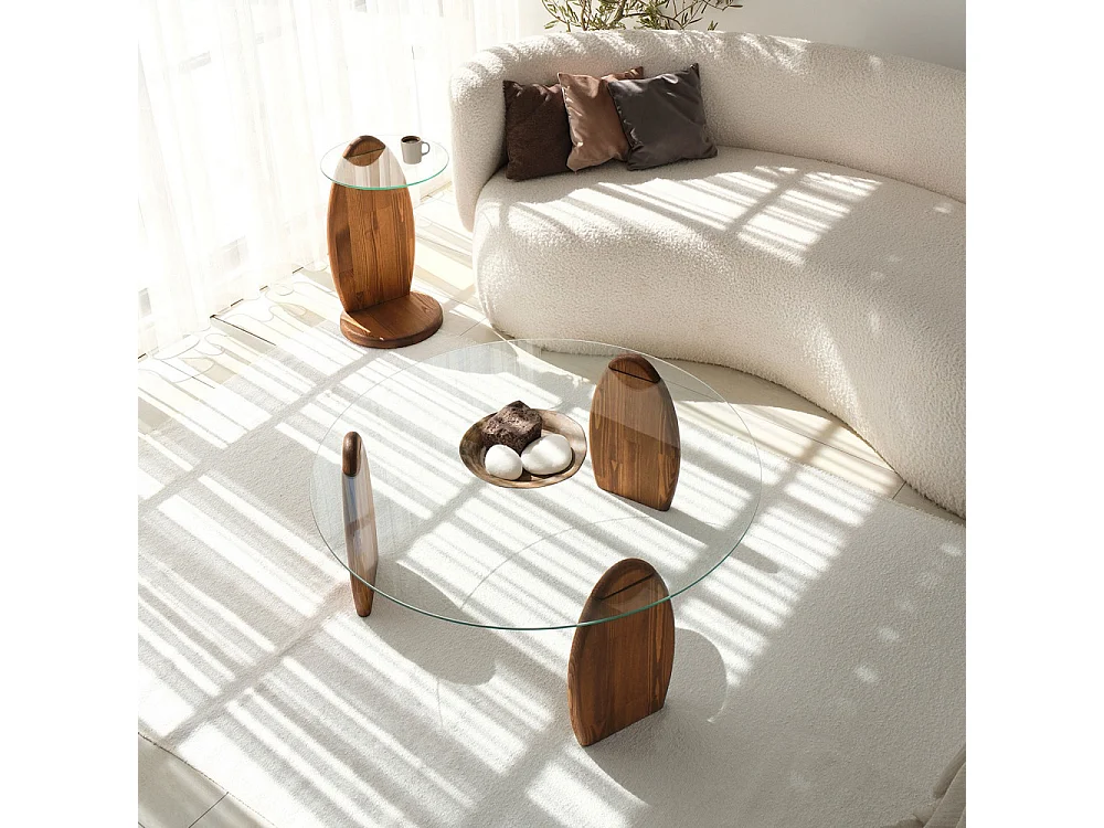 Wo - Table basse ronde en verre trempé et bois ø90cm - Transparent