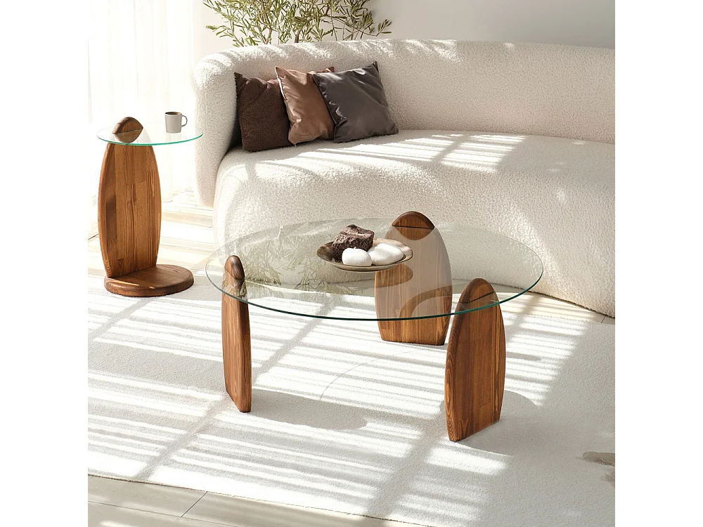 Wo - Table basse ronde en verre trempé et bois ø90cm - Transparent