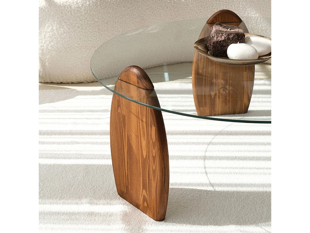 Wo - Table basse ronde en verre trempé et bois ø90cm - Transparent