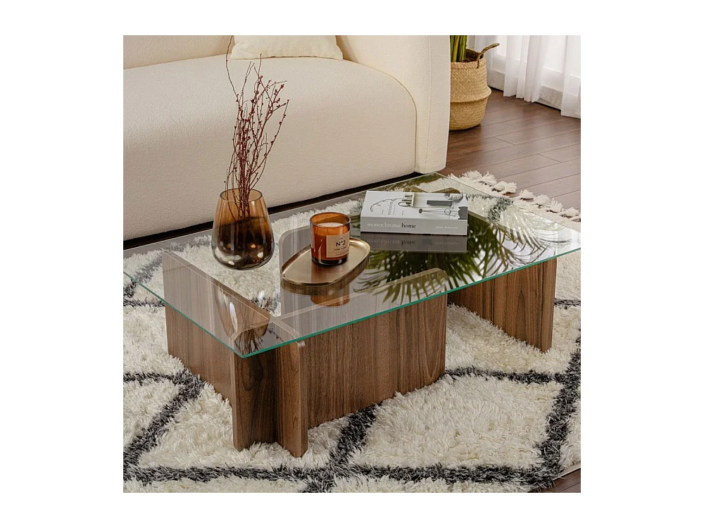 Cubix - Table basse en verre trempé et bois - Bois foncé