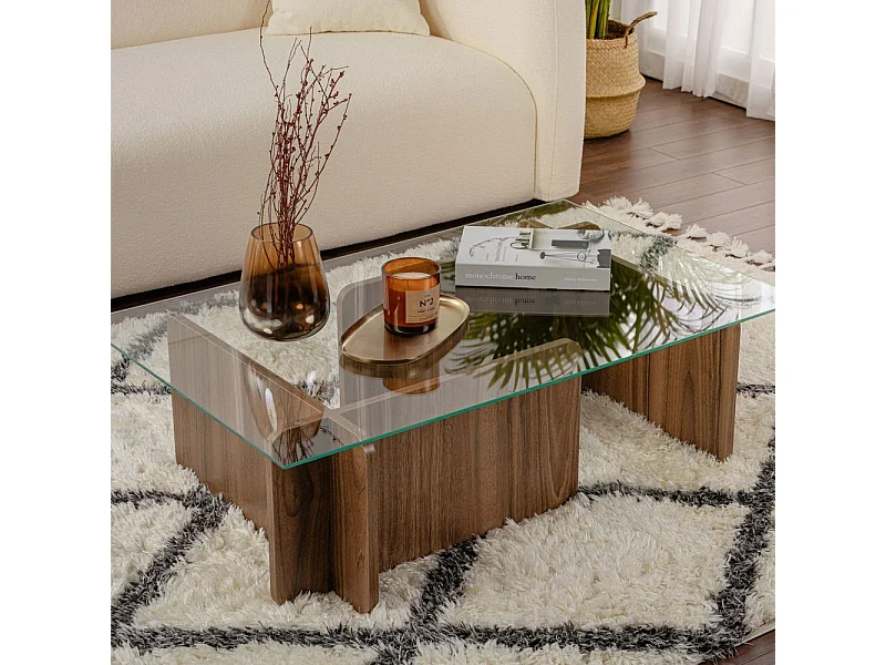Cubix - Table basse en verre trempé et bois - Bois foncé