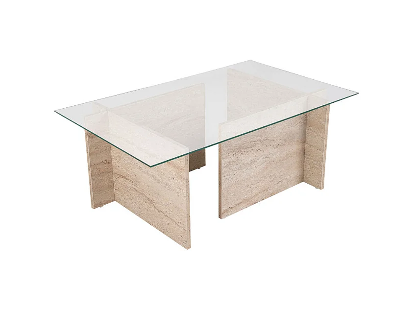 Cubix II - Table basse en verre et effet travertin - Beige