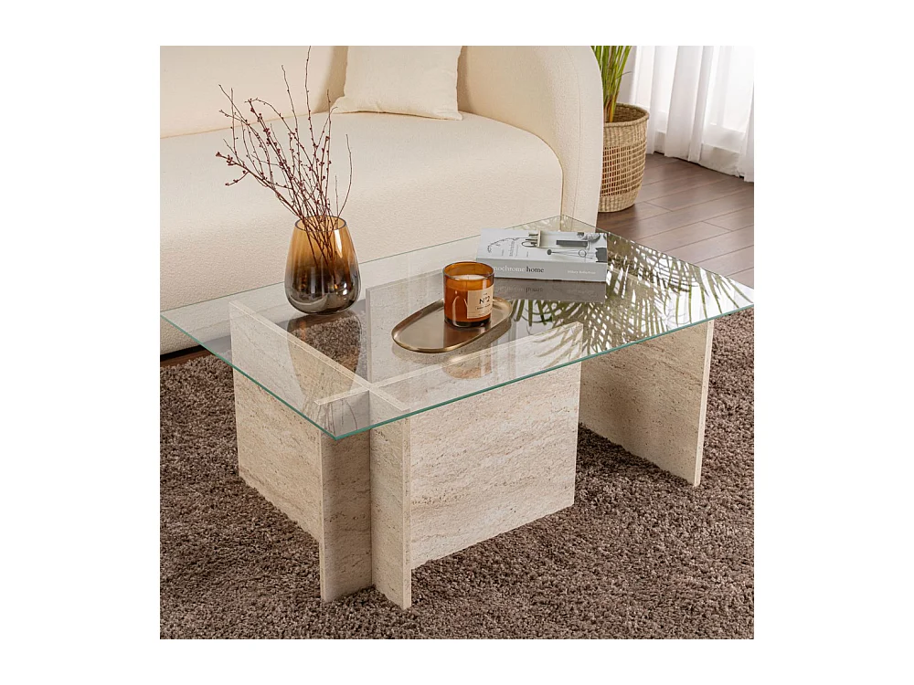 Cubix II - Table basse en verre et effet travertin - Beige
