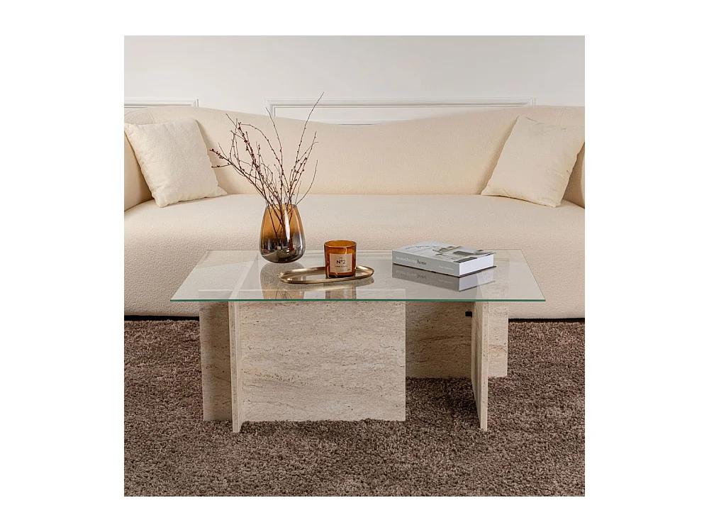 Cubix II - Table basse en verre et effet travertin - Beige