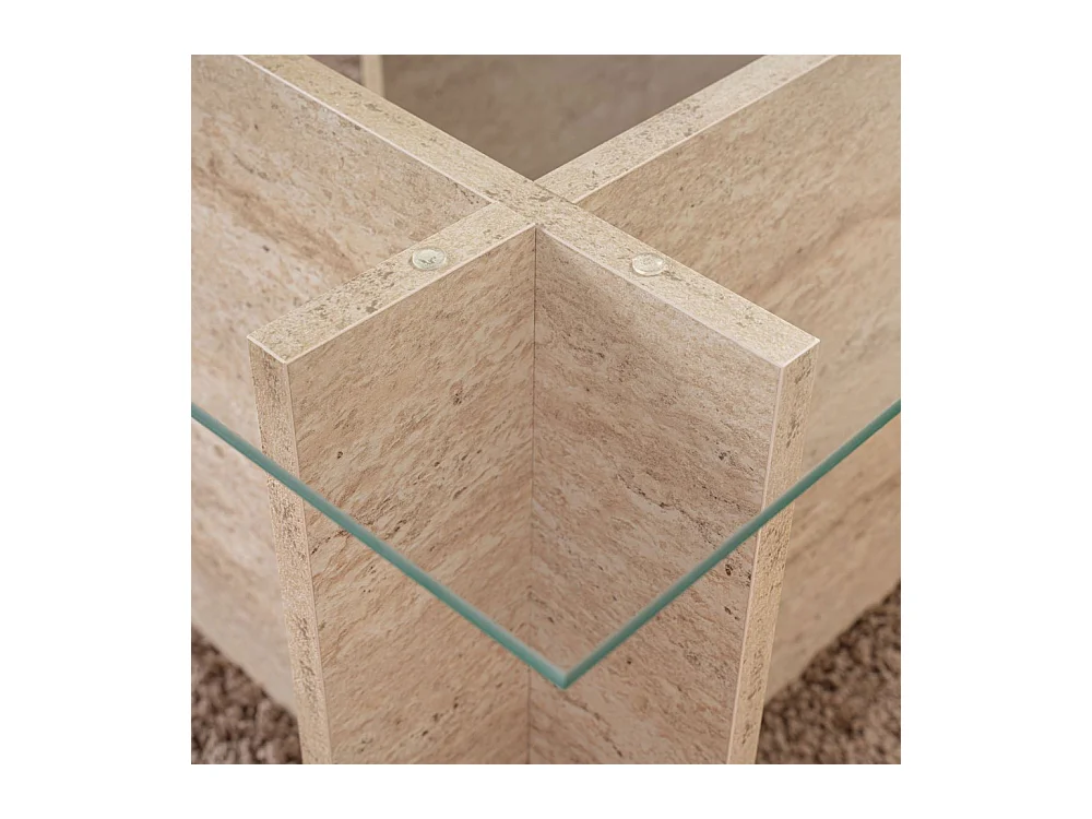 Cubix II - Table basse en verre et effet travertin - Beige