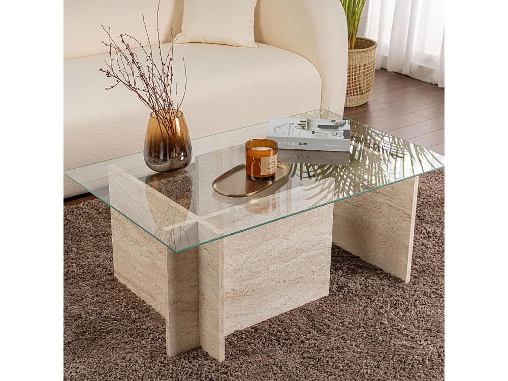 Cubix II - Table basse en verre et effet travertin - Beige