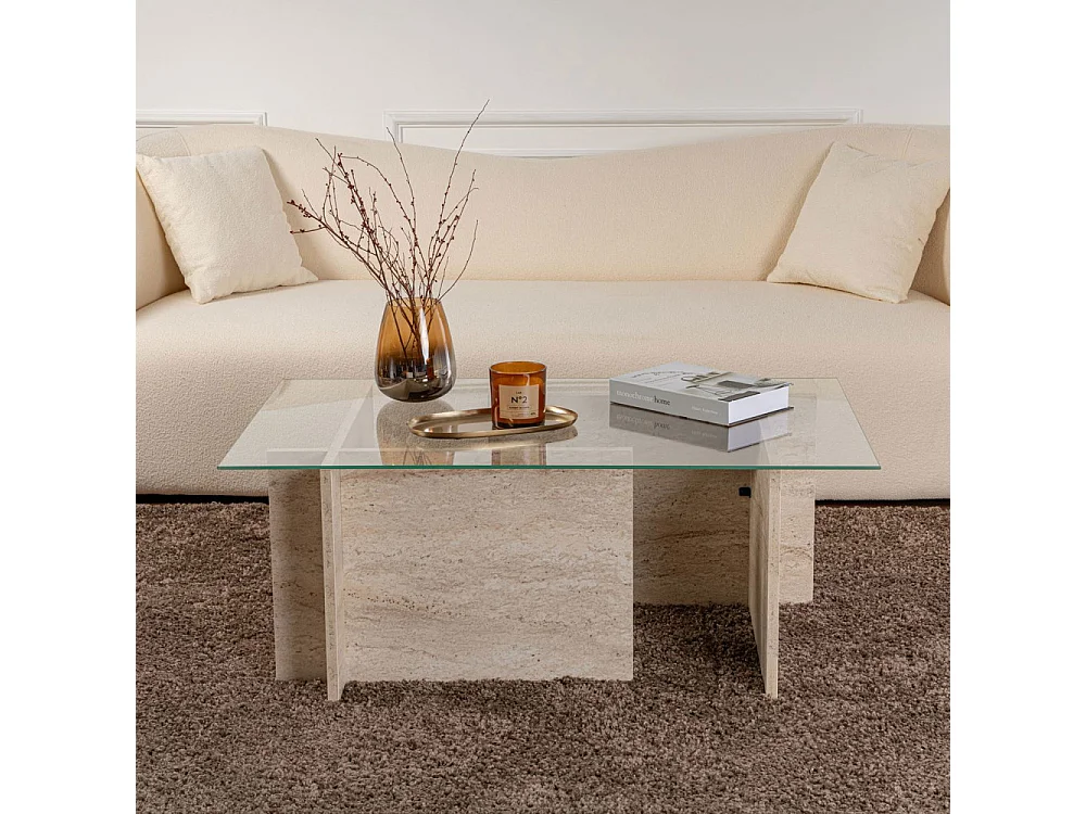 Cubix II - Table basse en verre et effet travertin - Beige