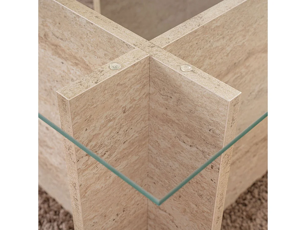 Cubix II - Table basse en verre et effet travertin - Beige