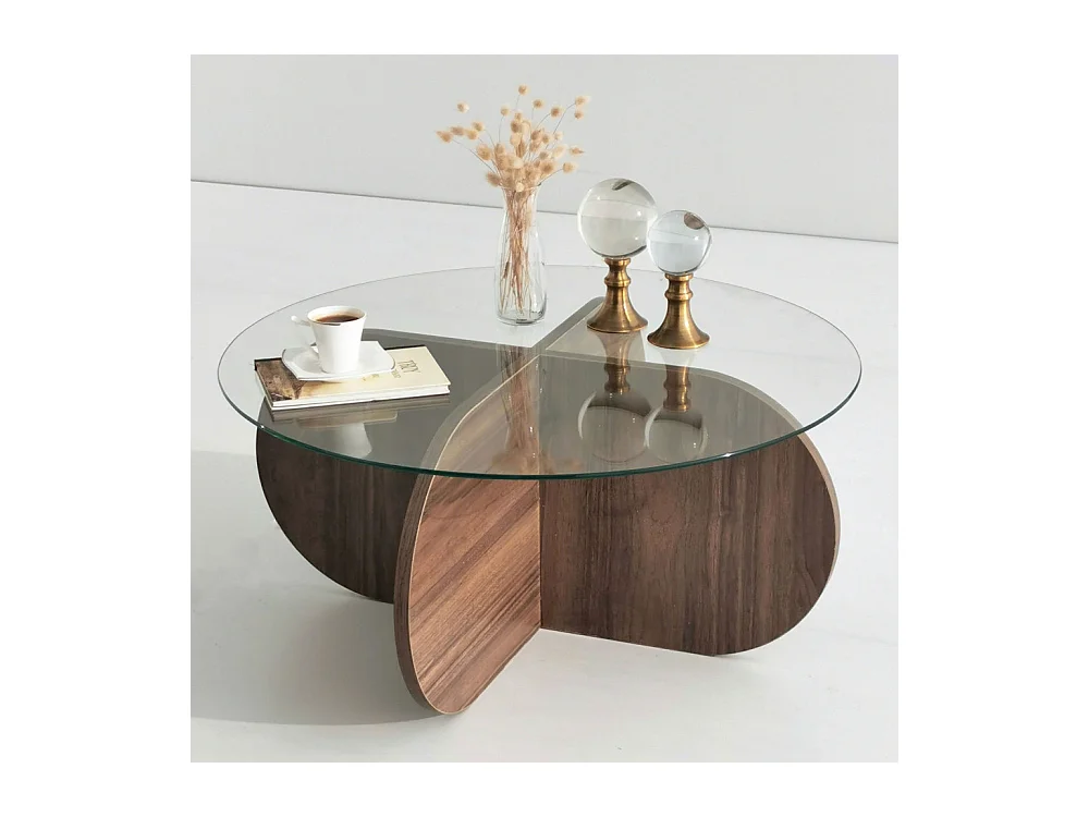 Bully -  Table basse ronde en verre trempé et bois ø75cm - Bois foncé