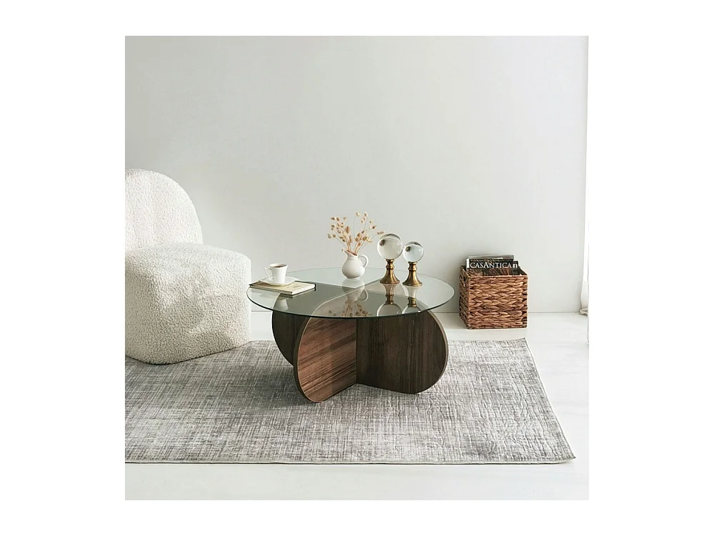 Bully -  Table basse ronde en verre trempé et bois ø75cm - Bois foncé