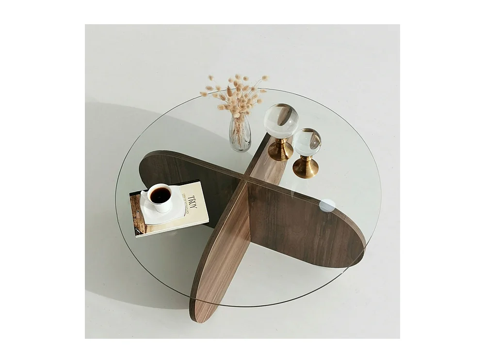 Bully -  Table basse ronde en verre trempé et bois ø75cm - Bois foncé