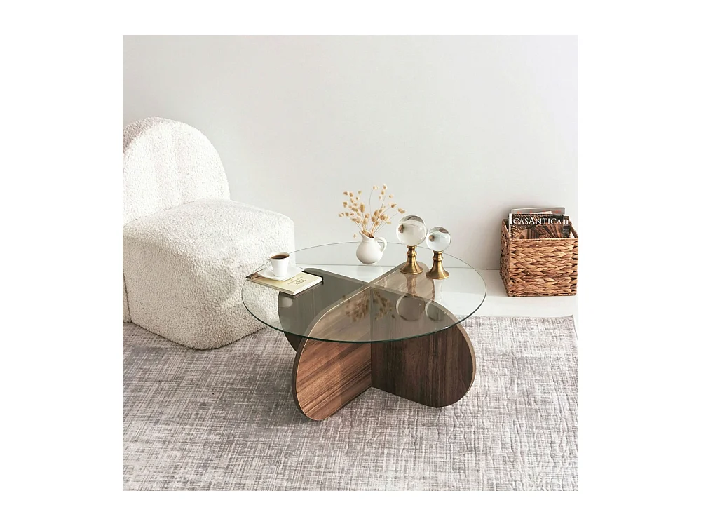 Bully -  Table basse ronde en verre trempé et bois ø75cm - Bois foncé