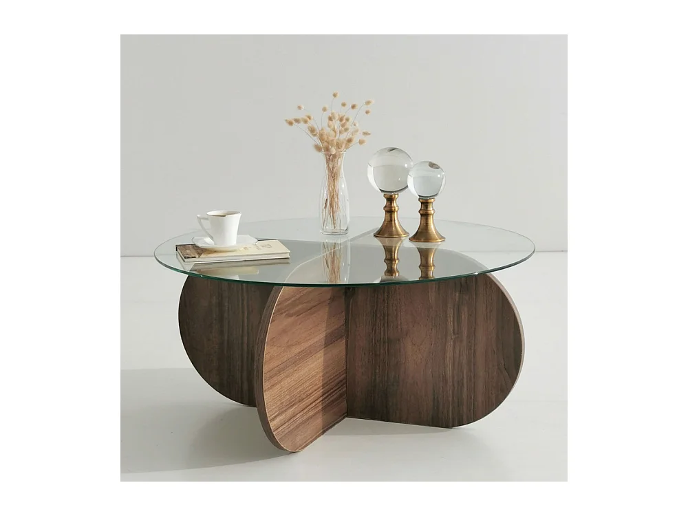 Bully -  Table basse ronde en verre trempé et bois ø75cm - Bois foncé