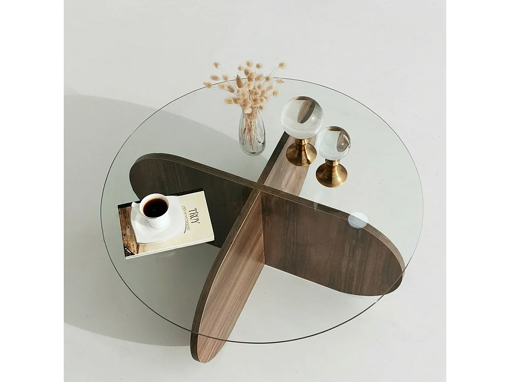 Bully -  Table basse ronde en verre trempé et bois ø75cm - Bois foncé