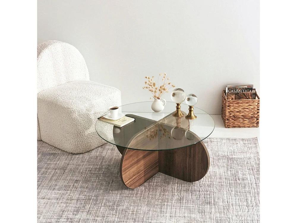 Bully -  Table basse ronde en verre trempé et bois ø75cm - Bois foncé