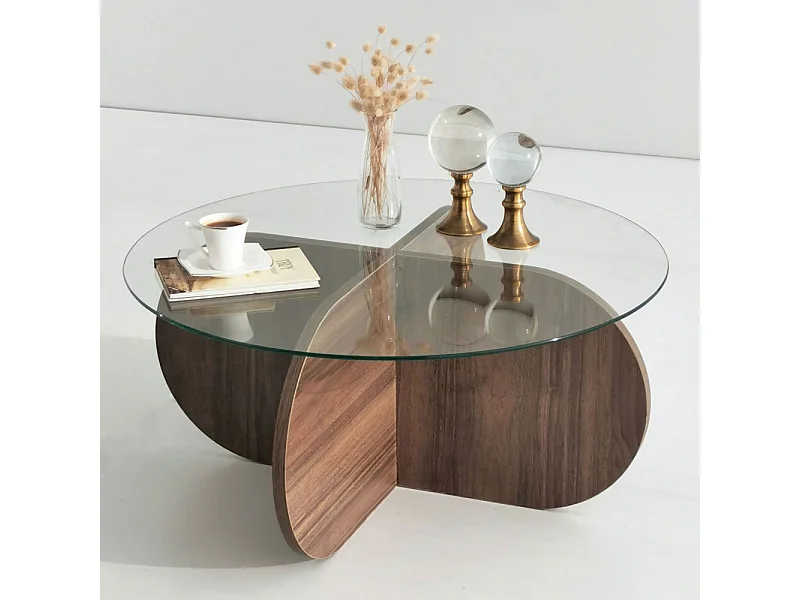 Bully -  Table basse ronde en verre trempé et bois ø75cm - Bois foncé
