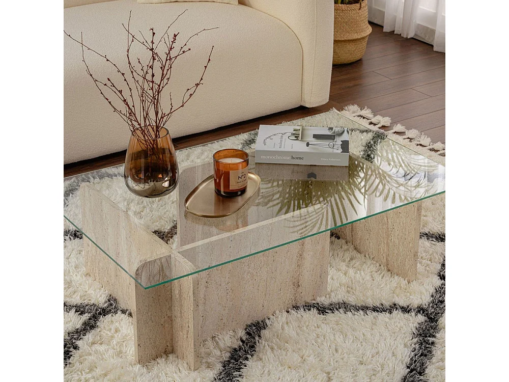 Cubix - Table basse en verre trempé et effet travertin - Beige