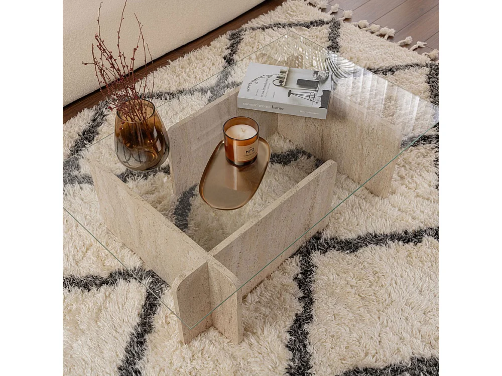 Cubix - Table basse en verre trempé et effet travertin - Beige