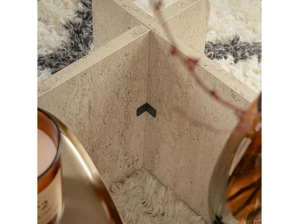 Cubix - Table basse en verre trempé et effet travertin - Beige