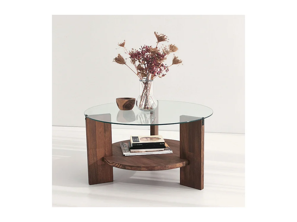 Mino - Table basse ronde en verre trempé et bois ø75cm - Bois foncé