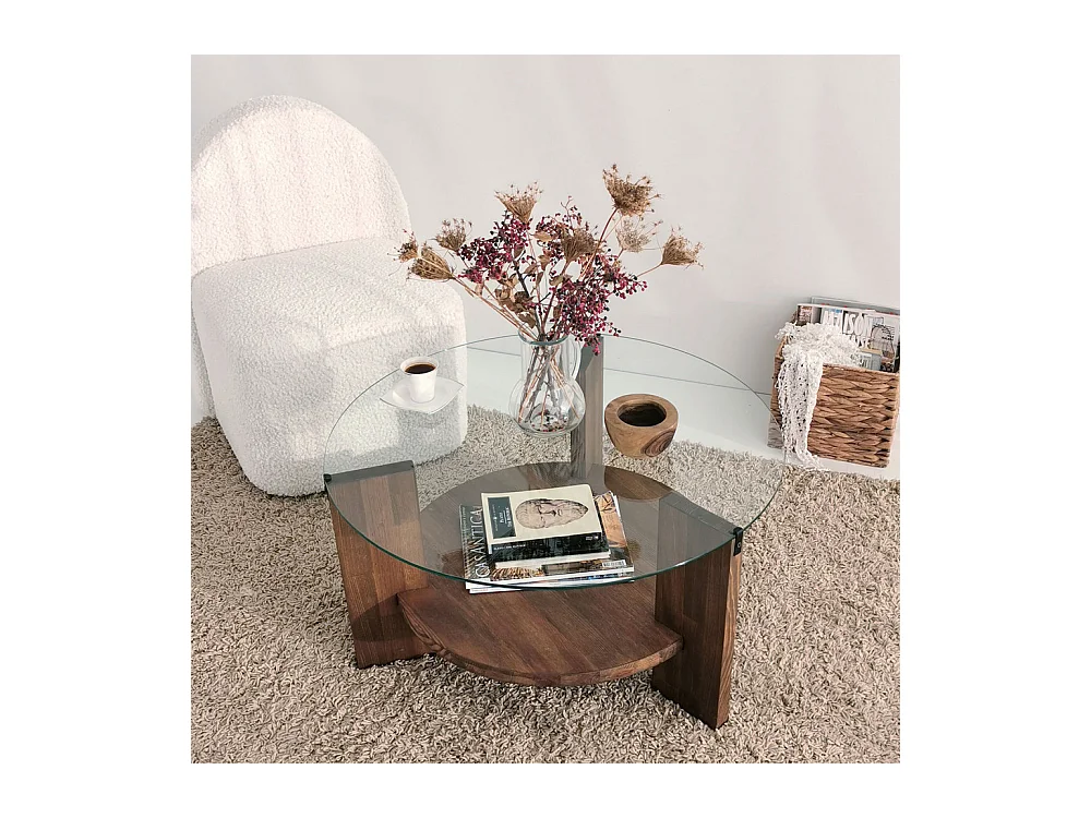 Mino - Table basse ronde en verre trempé et bois ø75cm - Bois foncé