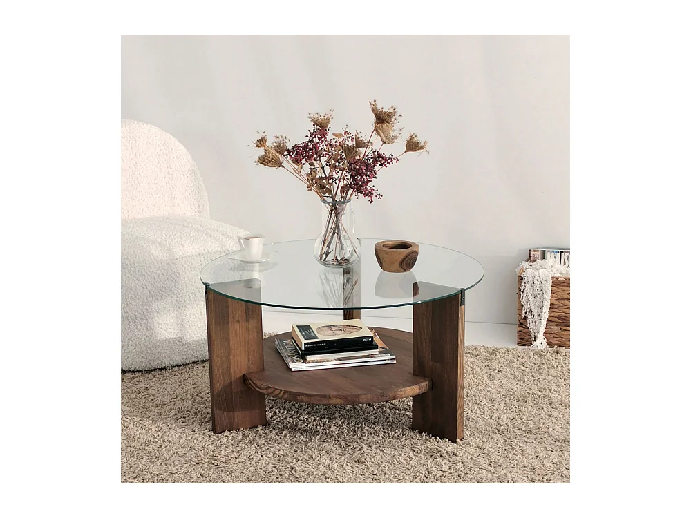 Mino - Table basse ronde en verre trempé et bois ø75cm - Bois foncé