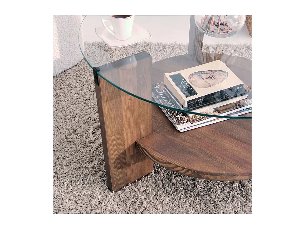Mino - Table basse ronde en verre trempé et bois ø75cm - Bois foncé